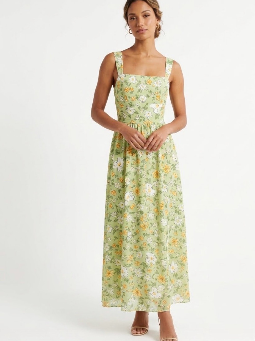 RIHOAS Light Green Floral Square-Neck Maxi Dress
